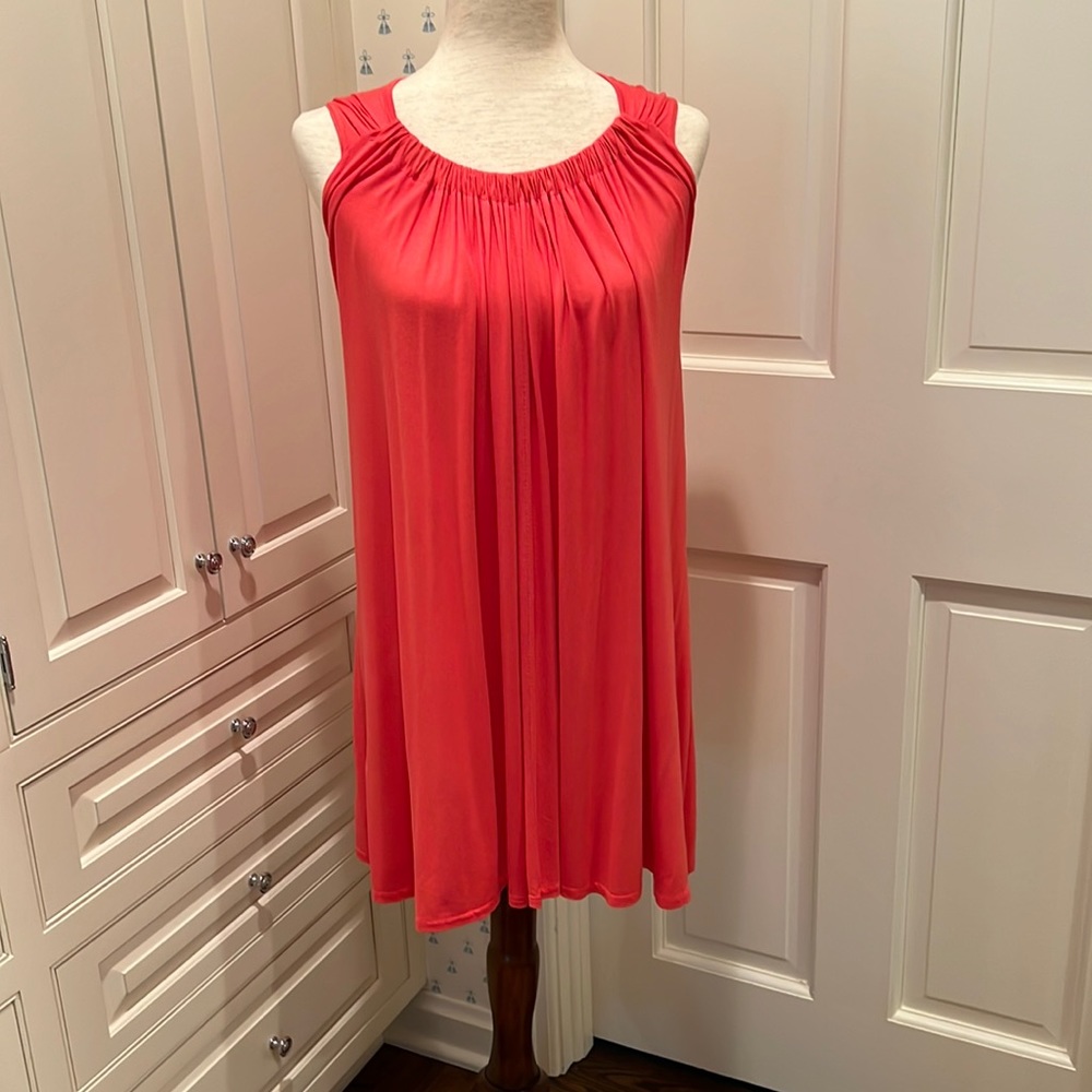CORAL LIGHTWEIGHT VISCOSE AND ELASTANE SLEEVELESS SHORT DRESS OR LONG TUNIC TOP